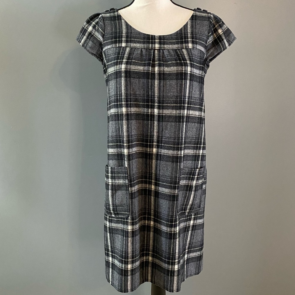 GAP Black Grey Plaid Classic Wool Cap-Sleeve Midi Dress w/ Pockets Size 8